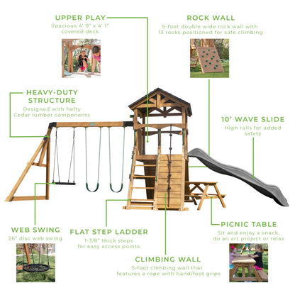 Backyard Discovery Endeavor II Cedar Wood Swing Set with Wave Slide, Play Deck, Double Rock Wall, Picnic Table, Climbing Wall, Belt Swings, Web Swing, Toy Telescope, Step Ladder, Outdoor Playset