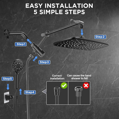Veken Rain Shower Head - High Pressure Handheld Shower with Multi Spray Modes | 11.8" Matte Black