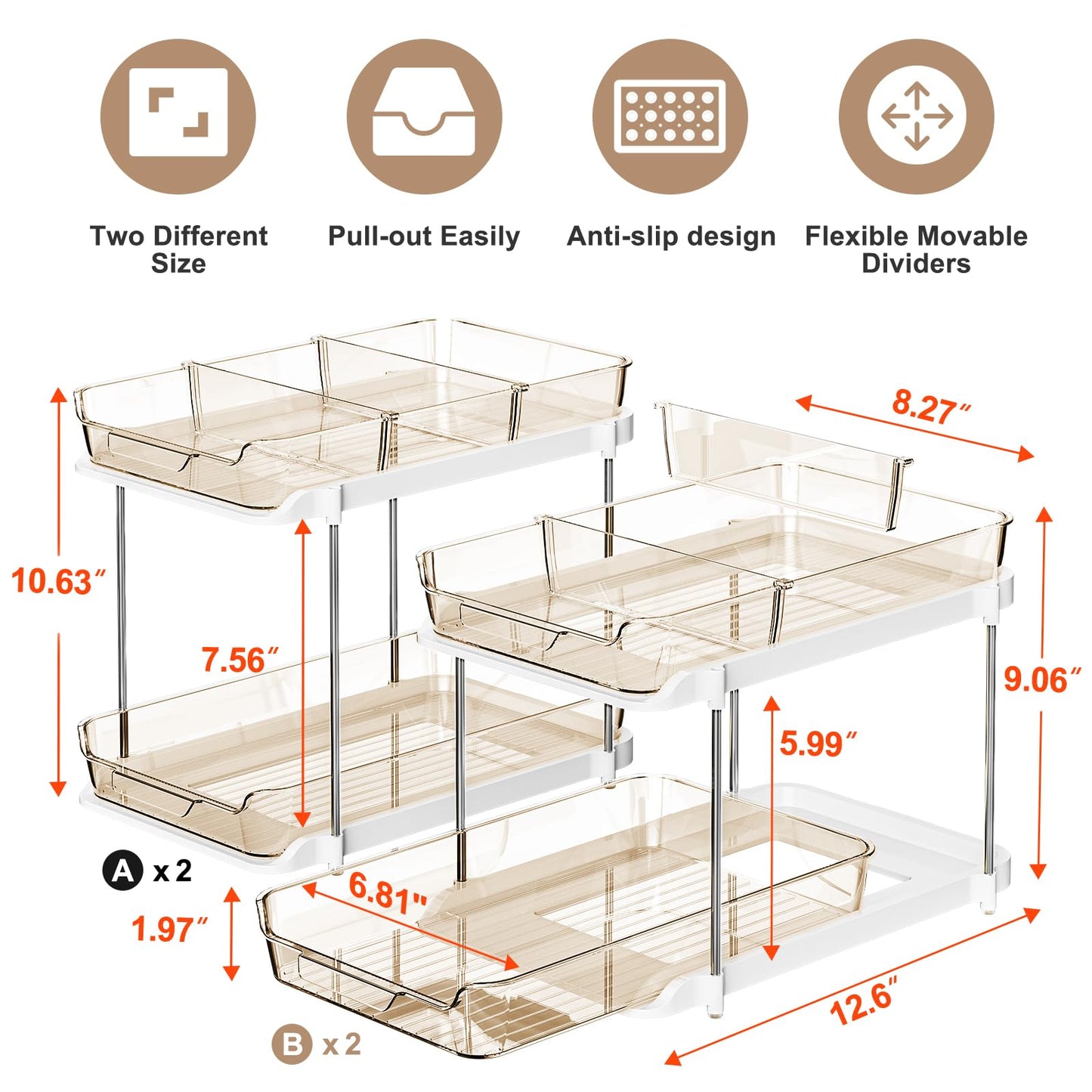 Delamu 2-Tier Multi-Purpose Bathroom Under Sink Organizers and Storage, Stackable Kitchen Pantry Organization, Pull Out Medicine Cabinet Organizer with Movable Dividers, White, 2 Pack