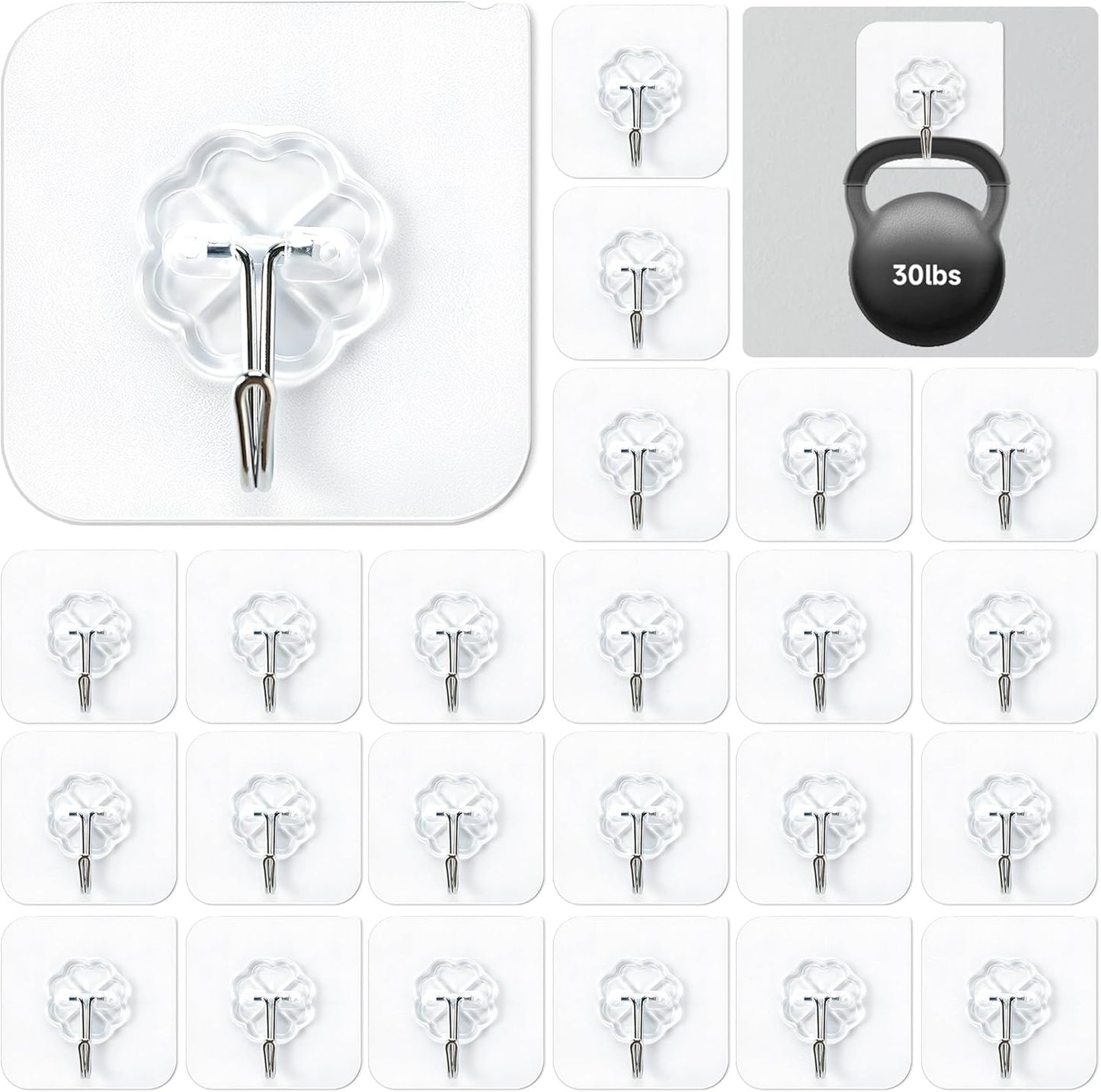 Mlici 24 Pack Clear Self-Adhesive Wall Hooks - 30lbs Heavy-Duty Sticky Hooks for Kitchen Bathroom