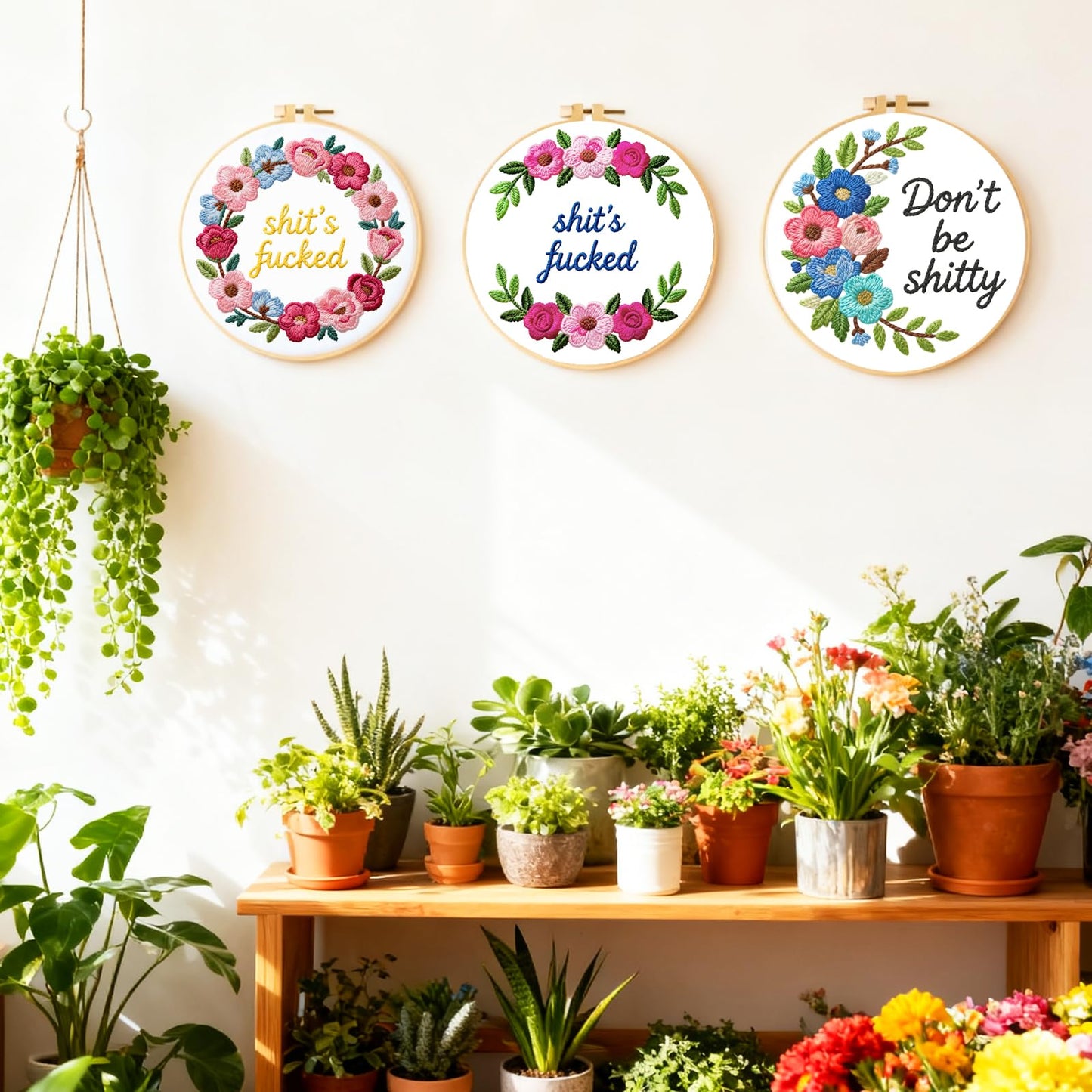 INFUNLY 6 Pack Wreath Embroidery Starter Kit for Beginners Inspirational Word DIY Embroidery Kits for Adult Loving You Stamped Needlepoint Set with Step-by-Step Instructions Threads Craft Lover Gift