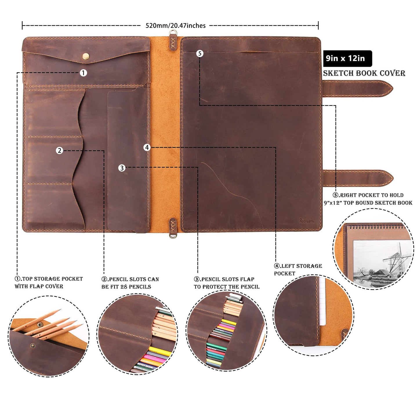 Robrasim Handmade Leather Sketchbook Cover, Artist Sketch Pad Holder for 9"X12" Top Spiral Bound Sketchbook, Drawing Book Pencil Case, Journal Portfolio with Shoulder Strap, Artist Gifts,Brown