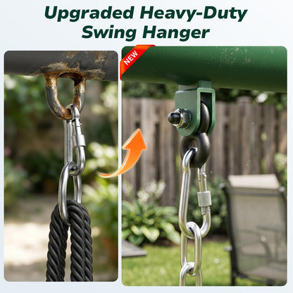 Hapfan 7.5ft Tall Swing Sets for Backyard, 500lbs Heavy Duty Metal Swing Set for Kids and Adults with Spider Swing and Belt Swing, A-Frame Outdoor Swingset Play Equipment(Green and Brown)