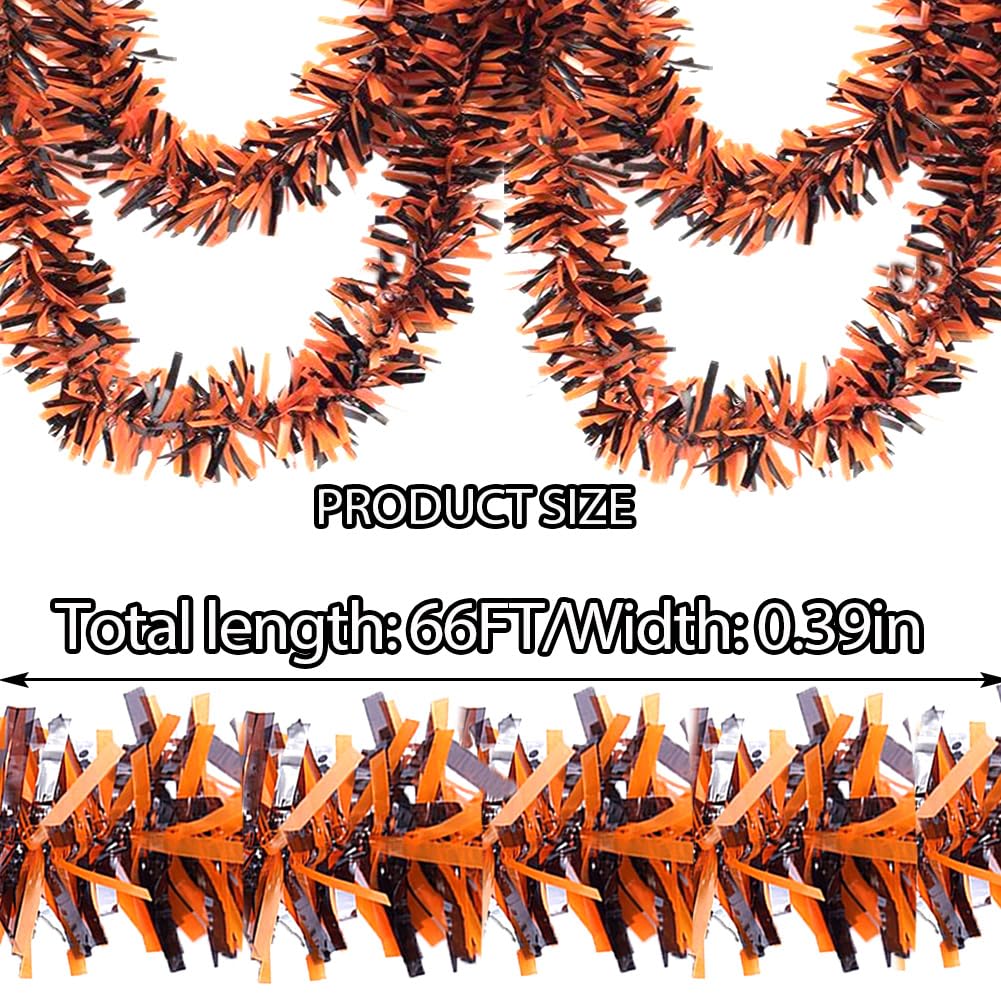 Halloween Tinsel Garland - 66 Ft Shiny Metallic Tree Garland Glitter Tinsel Hanging Twist Hanging Decorations for Halloween Party Holiday Supplies (Orange,Black)