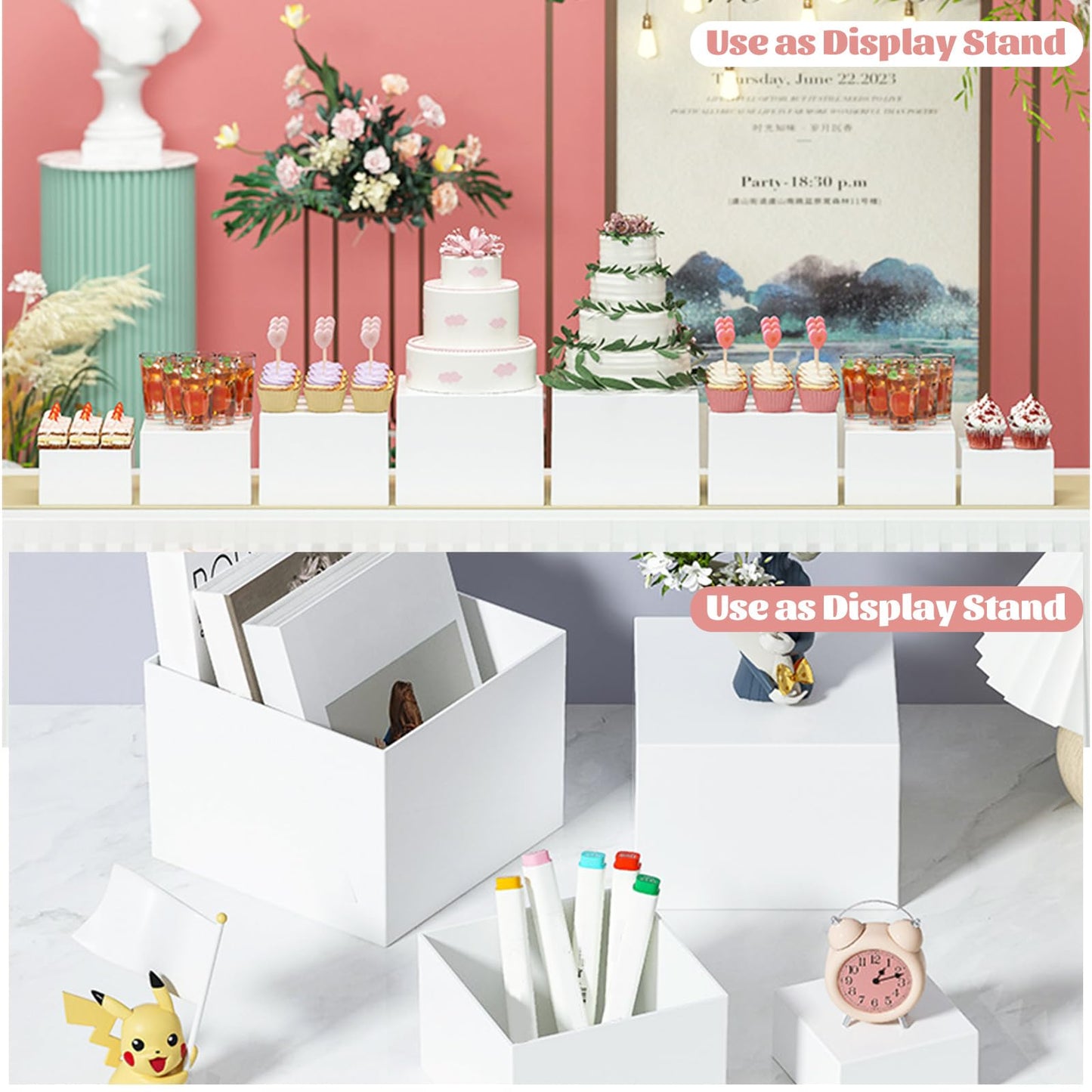 MIVIDE 6 Pack Buffet Risers, White Food Risers for Buffet Table, Food Display Risers for Party, Acrylic Cube Display Nesting Risers with Hollow Bottoms for Catering Dessert Collectibles Jewelry (Size 5",6",7",8",9",10")