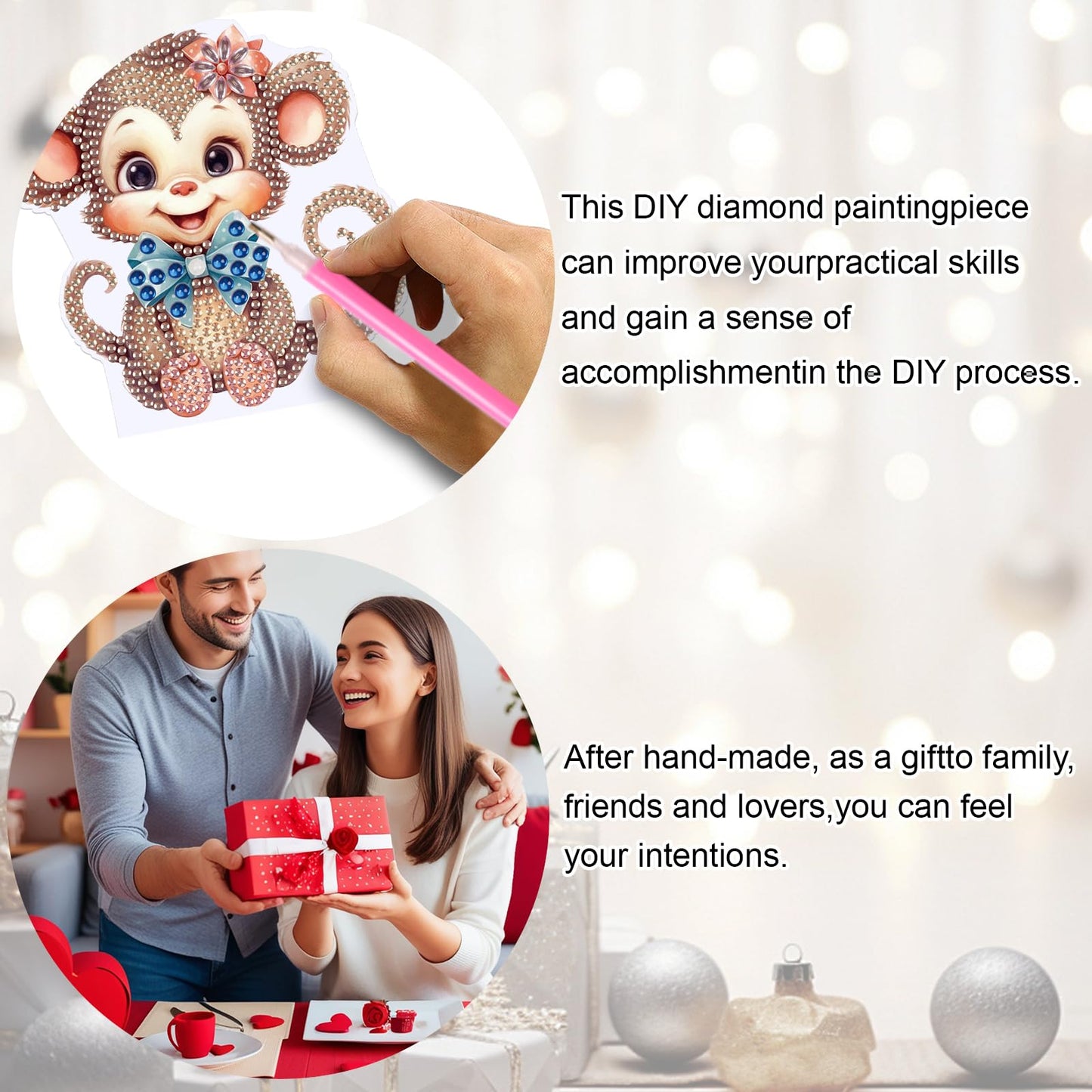 JZHYOAN Monkey Diamond Painting Night Light DIY Gem Painting Table Lamp Diamond Art Table Lamp Gift Light up Art Ornaments for Table Desk Bedroom Mosaic Cross-Stitch Set for Adult