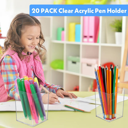 HaiFafafaing 20 Pcs Clear Acrylic Pen Holder for Desk, Makeup Brushes Holders, Modern Organizer Acrylic Pencil Holder Cups Bulk for Classroom School Desk Office Desktop Storage 4"×3"×3"