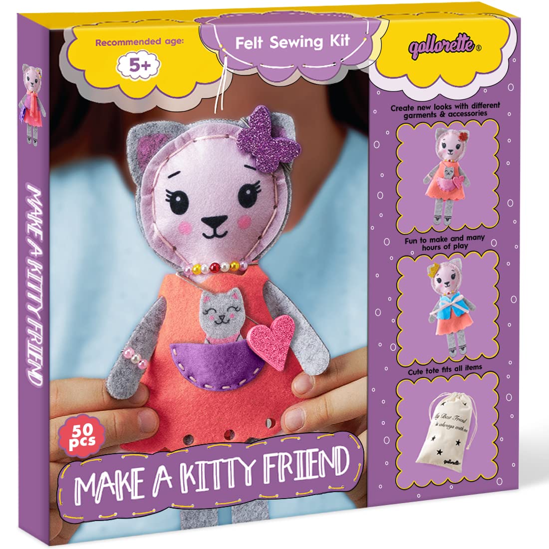 qollorette Felt Sewing Kit for Children, Make Your Own Kitty Toy, Kids' Craft Kit - Make A Friend Sew Kit - Beginner Sewing Kit for Kids, Learn to Sew & Play