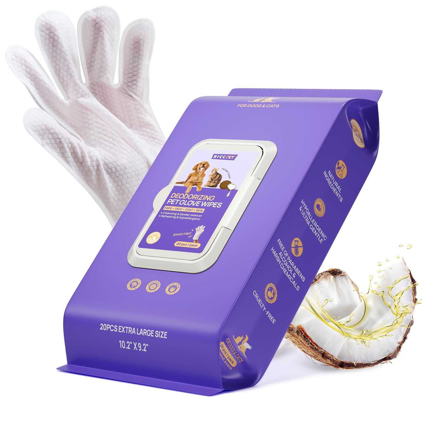 HICC PET Cleaning Deodorizing Glove Wipes for Dogs & Cats, Vet Recommended Hypoallergenic Pet Cleaning and Hydrating Glove Wipes, Nourish Fur Coconut Oil Pet Bathing Wipes for Horse Coat Care