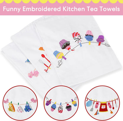 3 PCS White Embroidered Tea Towels, Napkins for Kitchen & Pantry, Baking Sourdough, Housewarming Gift