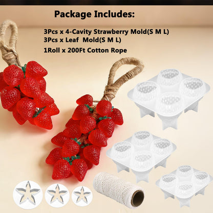 3D Strawberry Grapes Soap Mold, 3 Pcs Strawberry Silicone Scented Candle Soap Mold with 3Pcs Leaf Mold 200Ft White Cotton Rope for Soap Candle Making Gift