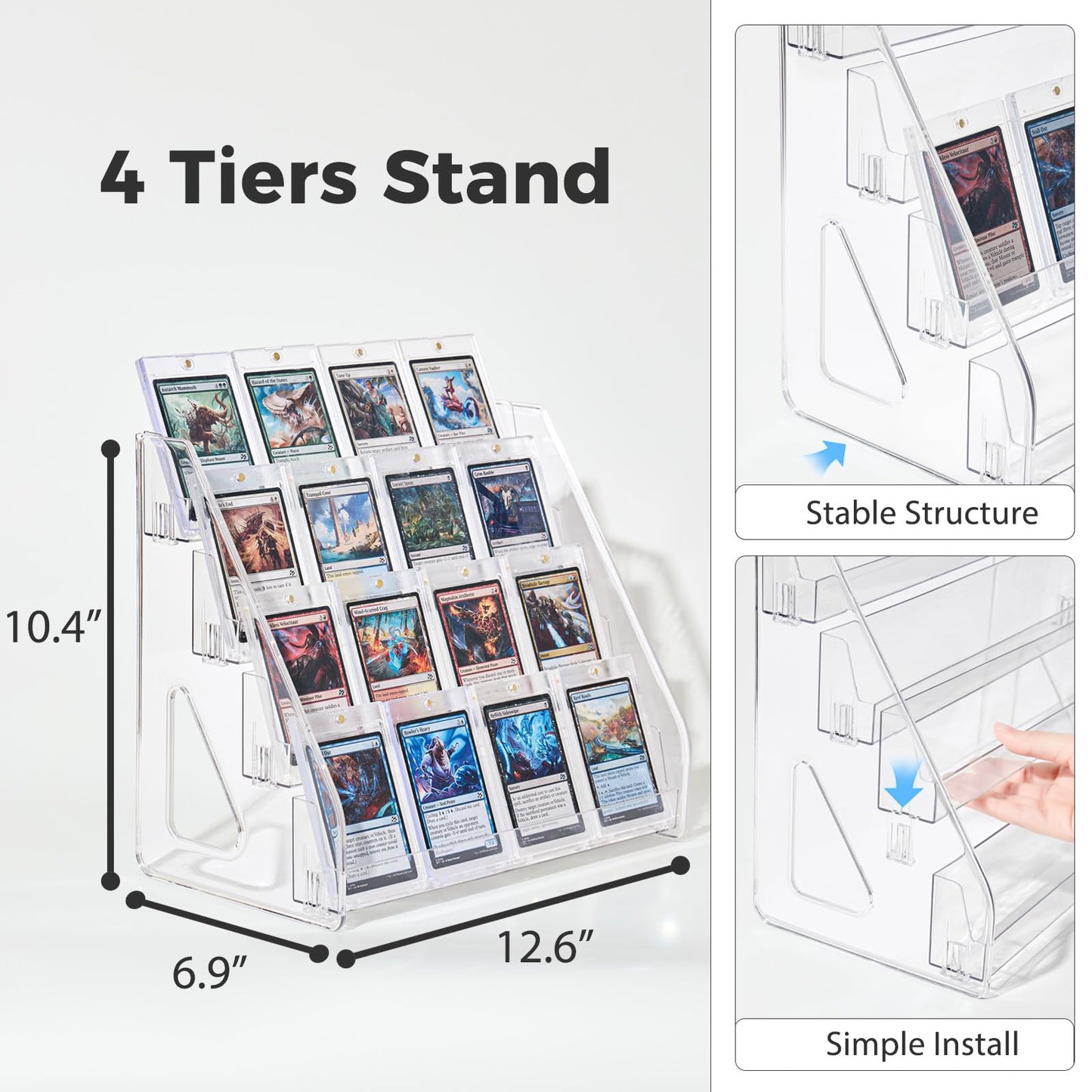 DEEIF 4 Tier Acrylic Trading Card Display Stand, 12" Riser Display Shelf for Magnetic Holders, Toploaders, PSA Graded Cards, TCG Sports Card Collection (2 Pack)