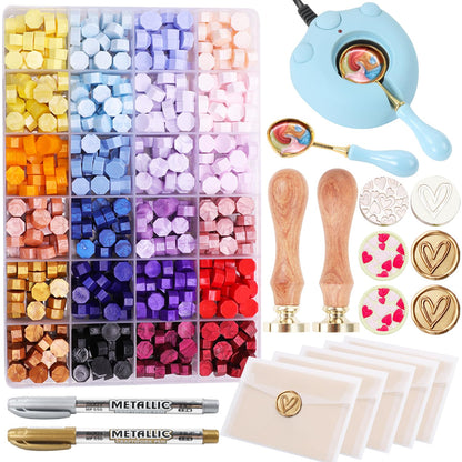 Wax Seal Kit - 24 Color Wax Beads (600pcs), Love Heart Stamps, Electric Warmer, Metallic Pen, Envelopes Sealing Kit for Wedding Invitations