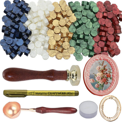 3D Embossed Frame Wax Seal Stamp, Frame Relief Carving Sealing Stamp Set with 150Pcs Sealing Wax Beads in 5 Color, Melt Spoon Pen Kit for Wedding and Christmas (KM10)