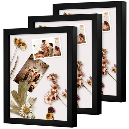 Muzilife 8x10 Shadow Box Frame Wood 3D Picture Frame with Glass Cover, Display Case for Wall-Hanging or Free-Standing Picture Showcase, Set of 3, Black