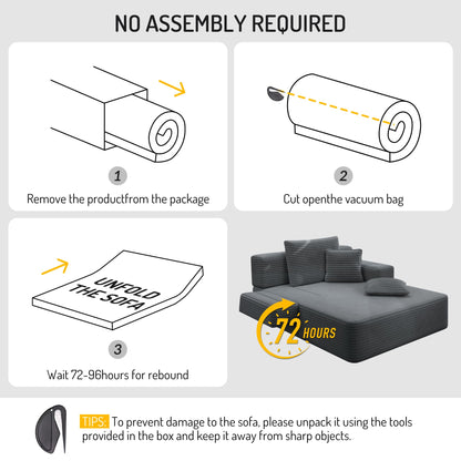 48.5" Boneless Chaise Lounge Chair Sofa Bed Indoor with Zip-Down Convertible Armrests & Backrest, Oversized Cloud Upholstered Compression Sleeper Couch Reading Chairs w/Side Pockets