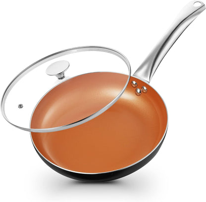KOCH SYSTEME CS 8" Little Skillet with Lid, Copper Nonstick Frying Pan for Oven & Stove, PFOA Free