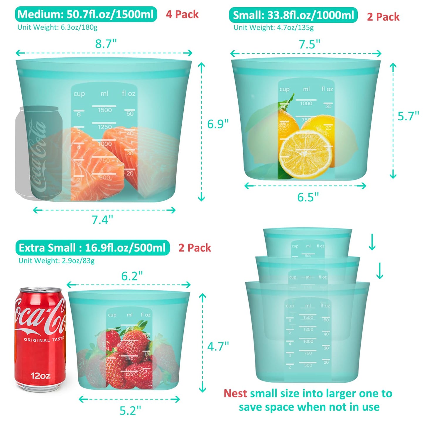 Reusable Food Bags, 12 Pack 100% Silicone Food Storage Bags Stand Up Zip Lock Container, Freezer Microwave Oven Dishwasher Safe, 4 Medium 4 Small 4 Extra Small, Aqua