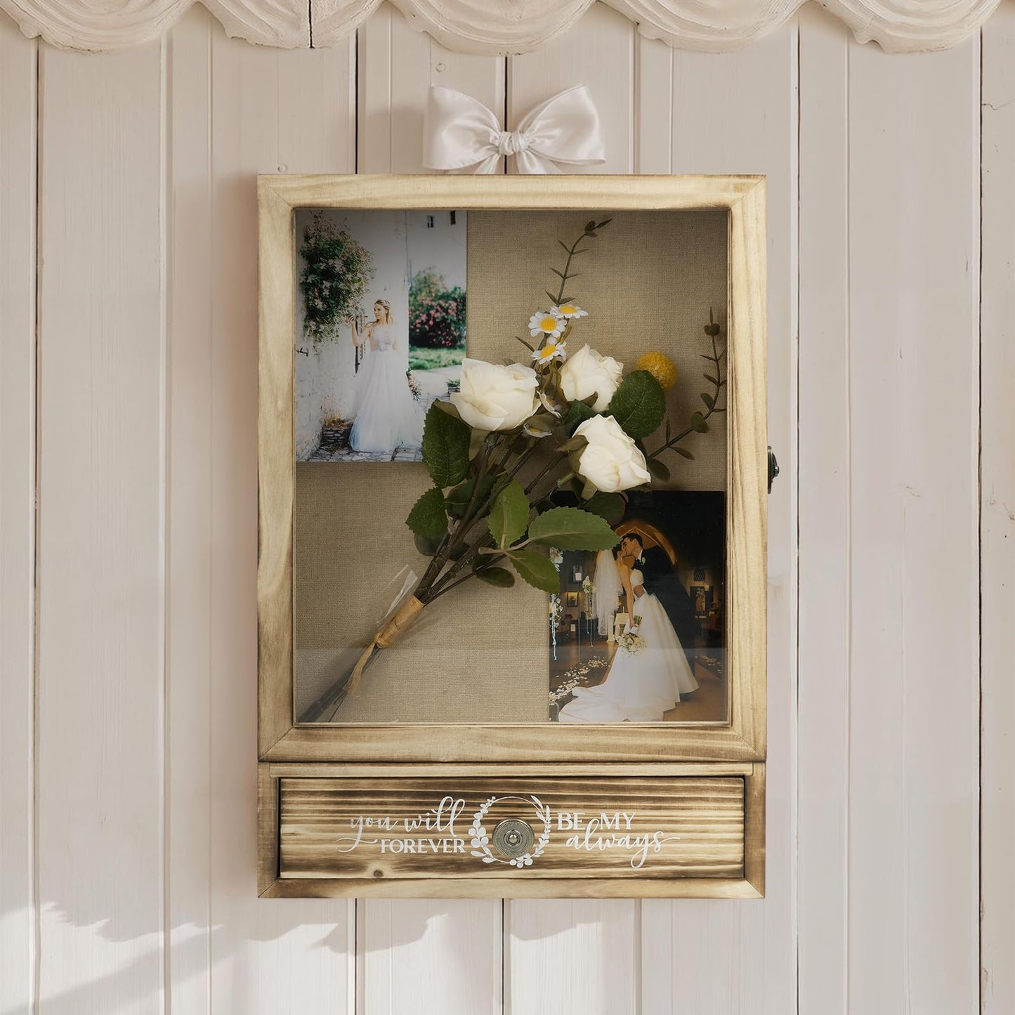 11" x 16" Shadow Box Display Case & Shadow Box Frame - Wooden Wedding Shadow Box with High-Definition Glass, Removable Shelves, Drawer and Linen Lining, for Preserving Photos, Flowers and Keepsakes
