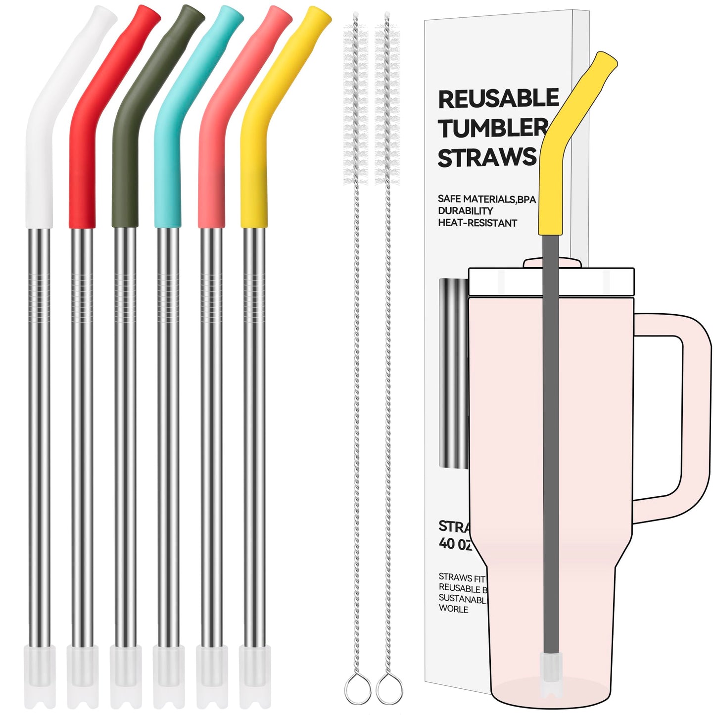 Soledea 6 Pcs Metal Reusable Straws for 40 oz Tumbler, Stainless Steel Long Drinking Straw with Colourful Silicone Tips,Straw for Glass Cups, Cleaning Brushes Included, BPA FREE