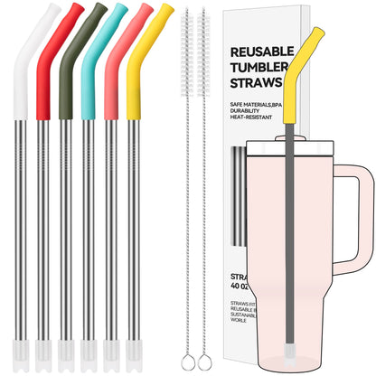 Soledea 6 Pcs Metal Reusable Straws for 40 oz Tumbler, Stainless Steel Long Drinking Straw with Colourful Silicone Tips,Straw for Glass Cups, Cleaning Brushes Included, BPA FREE