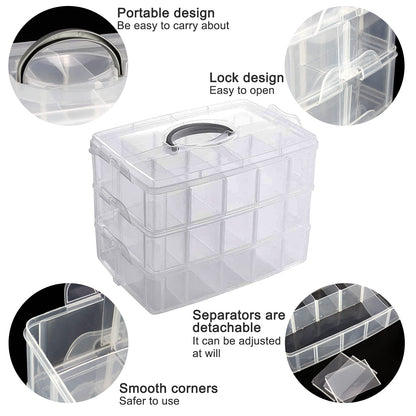 Guyuyii 3-Tier Stackable Bead Organizer with Adjustable Dividers - 30 Compartments Plastic Storage Box for Washi Tape, Lego Pieces, Rock Collection & Sewing Threads - Portable Craft Case with Handle