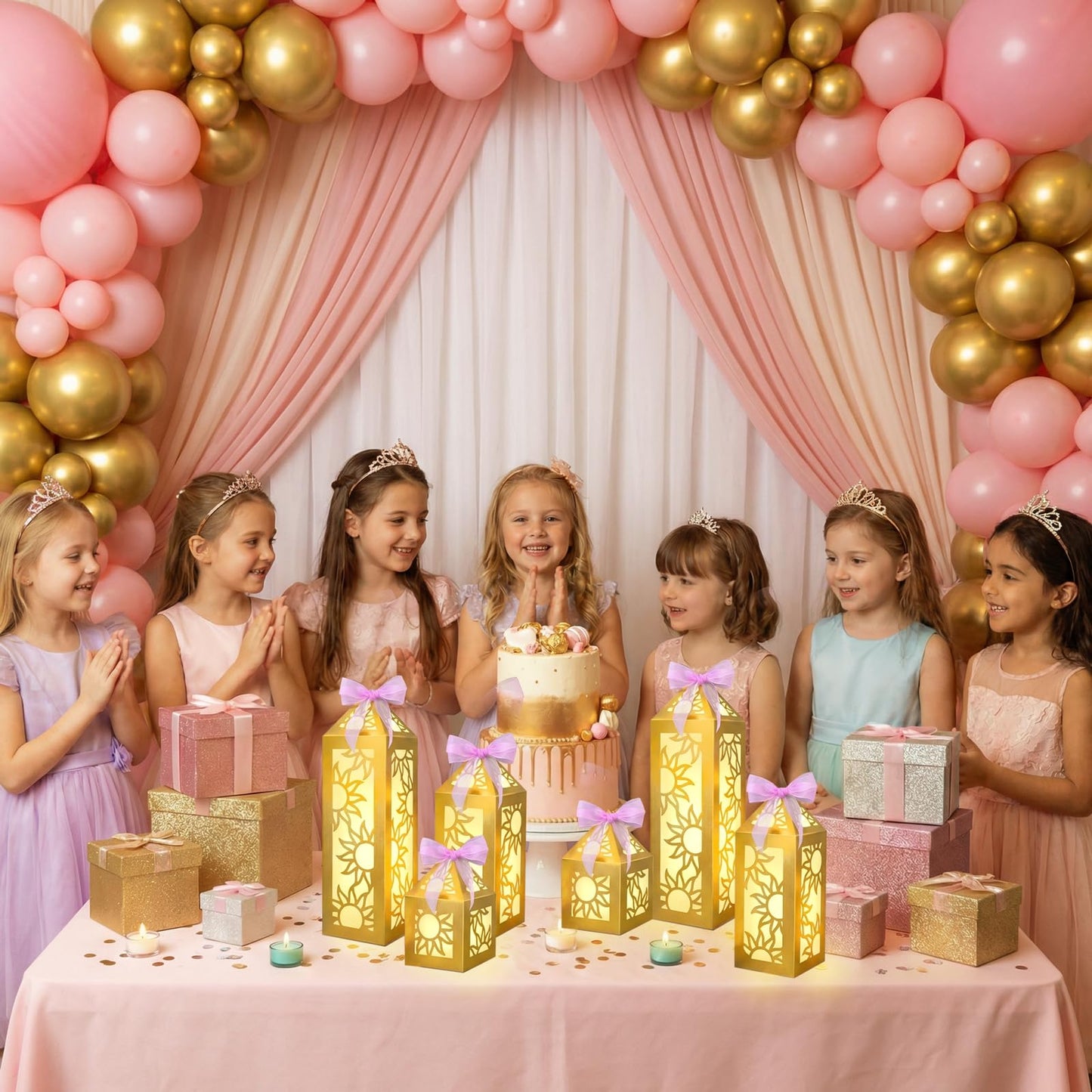 Renbuzhu 15PCS Princess Party Decorations Gold Sun Lanterns Centerpieces with LED Lights Ribbon for Girls Birthday Table Decor (Batteries Not Included)