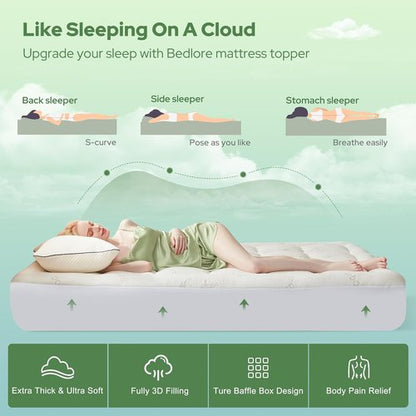 BEDLORE Full Size Mattress Topper - Thick Bamboo Viscose Pillow Top for 6-15 Inch Mattresses | Breathable Comfort & Back Pain Relief
