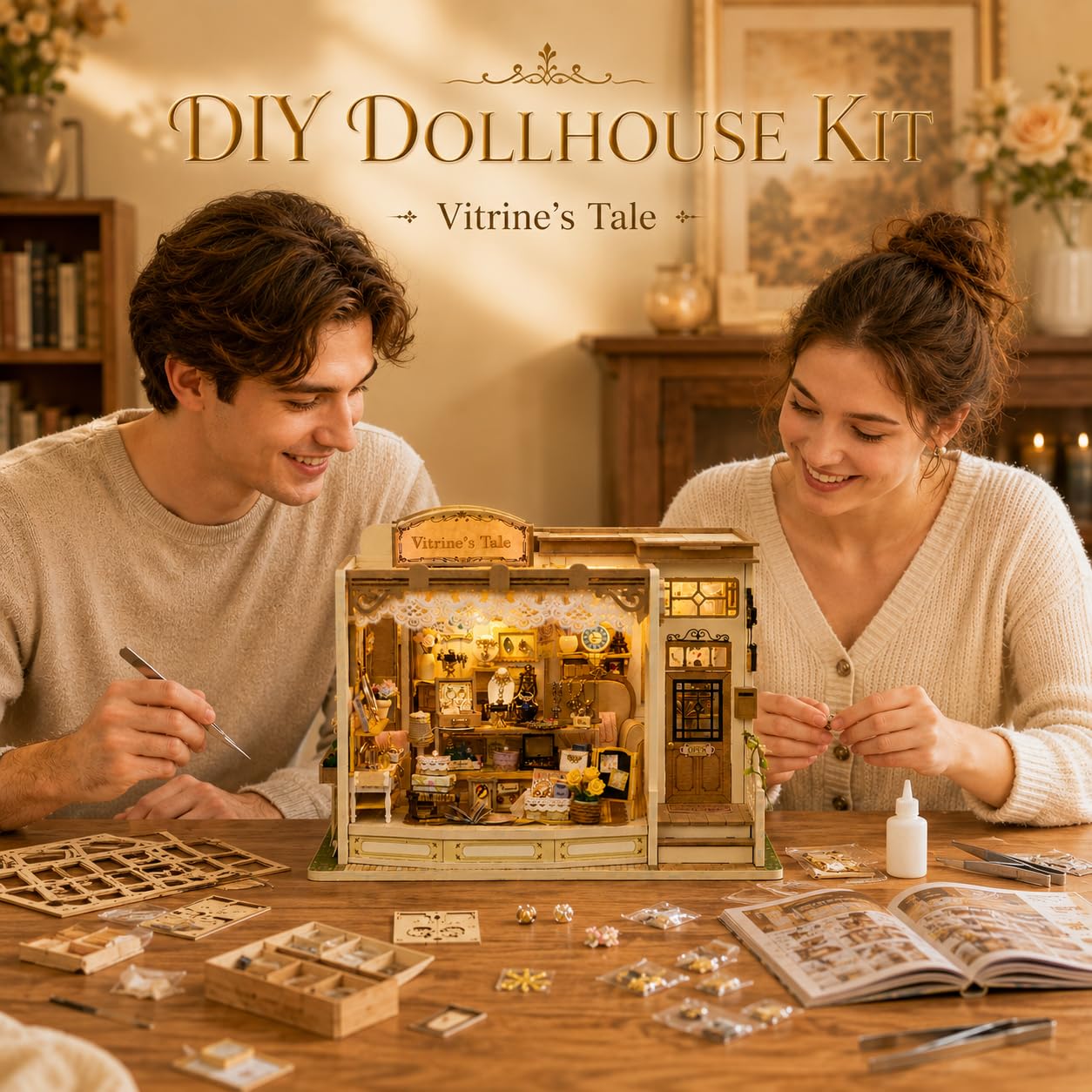 Roroom DIY Miniature Doll House with Furniture Dollhouse Kit for Adults and Teens,Booknook Tiny House Bookshelf Decor Mini 3D Wooden Puzzle, Gifts for Family, Friends (Vitrine's Tale)
