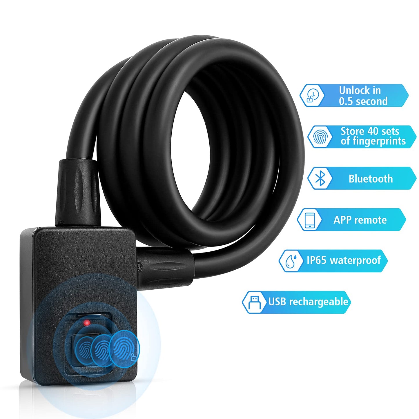 MYPIN Bluetooth Fingerprint Bike Lock, Anti-Theft, Waterproof, 1M Cable, IP65, Combination Lock, Fingerprint & Bluetooth Unlock, Heavy Duty