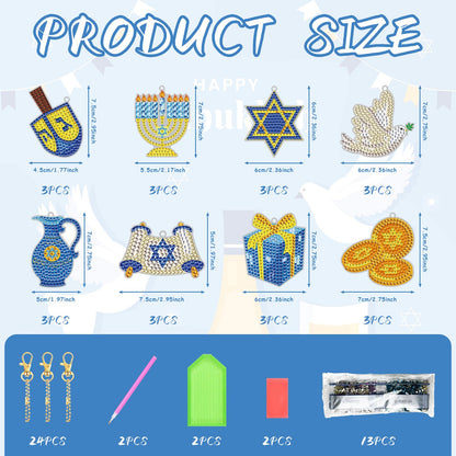Cinrobiye 24 Pcs Hanukkah Diamond Painting Keychains Kits Chanukkah 5D DIY Art Pendants Double Sided Hanging Ornaments Rhinestone Mosaic Making Set for Hanukkah DIY Party Favors Decor Supplies