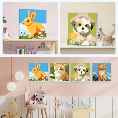 NEWENMO 4 Pack Paint by Number for Kids with Wooden Frame, Cute Rabbit, Cat, Dog Paint by Numbers for Kids Ages 8-12, Animal, DIY Acrylic Oil Painting for Beginners for Home Wall Decor 8X8 inch