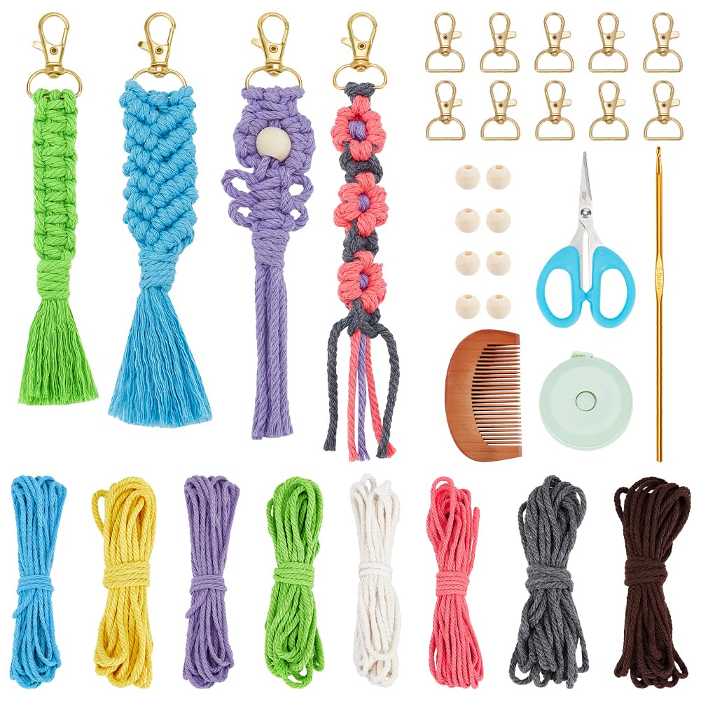 INFUNLY 8 Set Macrame Keychain DIY Kits Mini Boho Keychains Bag Charms Macrame Keychain Bracelet with Tassels for Car Key Purse Phone Instruction Included