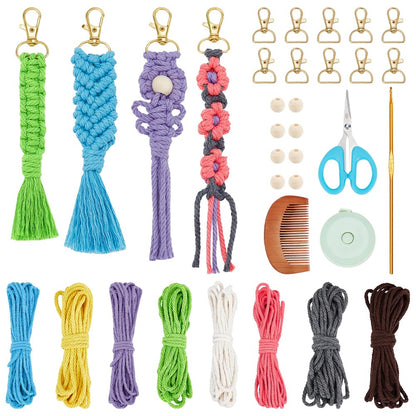 INFUNLY 8 Set Macrame Keychain DIY Kits Mini Boho Keychains Bag Charms Macrame Keychain Bracelet with Tassels for Car Key Purse Phone Instruction Included