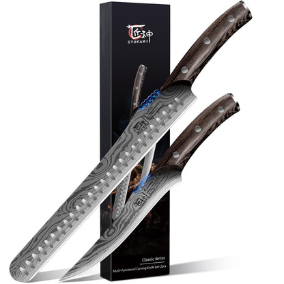 SYOKAMI Brisket Slicing Knife Set, Carving and Boning Knife for Meat & Turkey Cutting, Japanese Style High Carbon Steel Kitchen Knives Set For Home & BBQ, Wood Ergonomic Full Tang Handle, Ideal for Gift