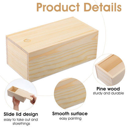 4 Pack Unfinished Wood Storage Box with Slide Lid, Blank Natural Wood Case Container for DIY Craft, Jewelry Storage, Gift Box, Hobbies, 7.87 x 4 x 3.15 Inch