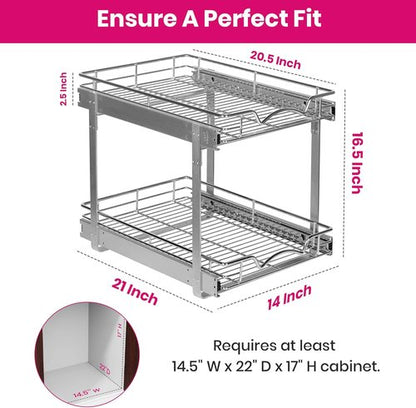 Heavy-Duty Steel 2-Tier Pull-Out Cabinet Organizer by [Brand Name] - Full-Extension Shelves, Easy Install, 14" W x 21" D x 16.5" H