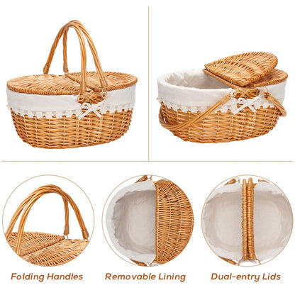 Wicker Picnic Basket with Removable Liner, Empty Picnic Baskets with Lid, Vintage-Style Picnic Hamper with Folding Woven Handle for Picnic, Camping, Outdoor, Halloween, Thanks Giving, Birthday (Cream)