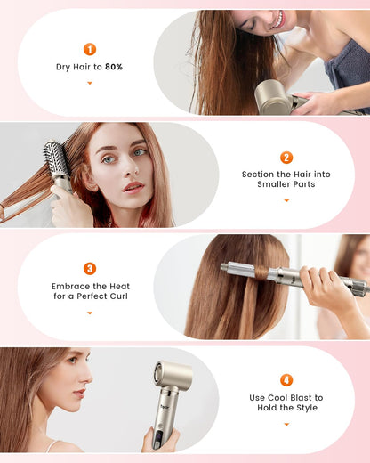 8-in-1 Professional Hot Air Styler&Hair Dryer Brush, Powerful Multi-Styler with Auto-Wrap Curler with Storage Case, Fast Drying Curling Straightening Volumizing Without Heat Damage(Gold)
