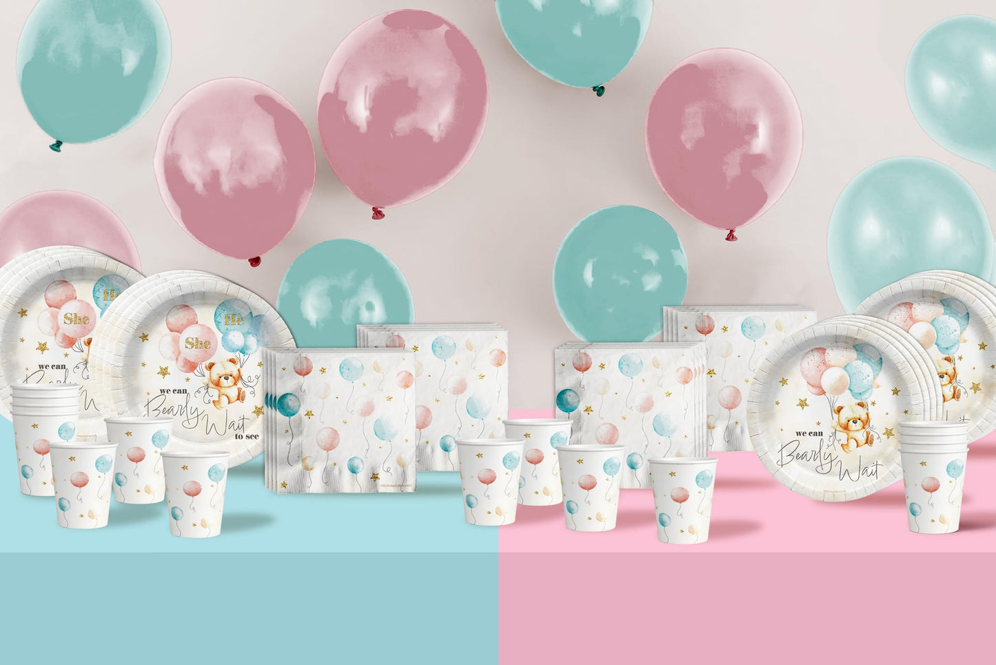 Birthday Galore We Can Bearly Wait Teddy Bear Gender Reveal Themed Party Supplies for Baby Shower - A 64 Pieces Elegant Tableware Disposable Set with Plates, Napkins, Cups for All Events - Kit for 16