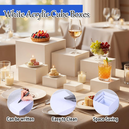 IANFAN 6 Pcs Buffet Risers, Food Risers for Buffet Table, White Acrylic Cube Boxes Display with Hollow Bottoms Display Stand Shelf for Party Cake Dessert Catering Jewelry Collectibles (3"4"5"6"7"8'')