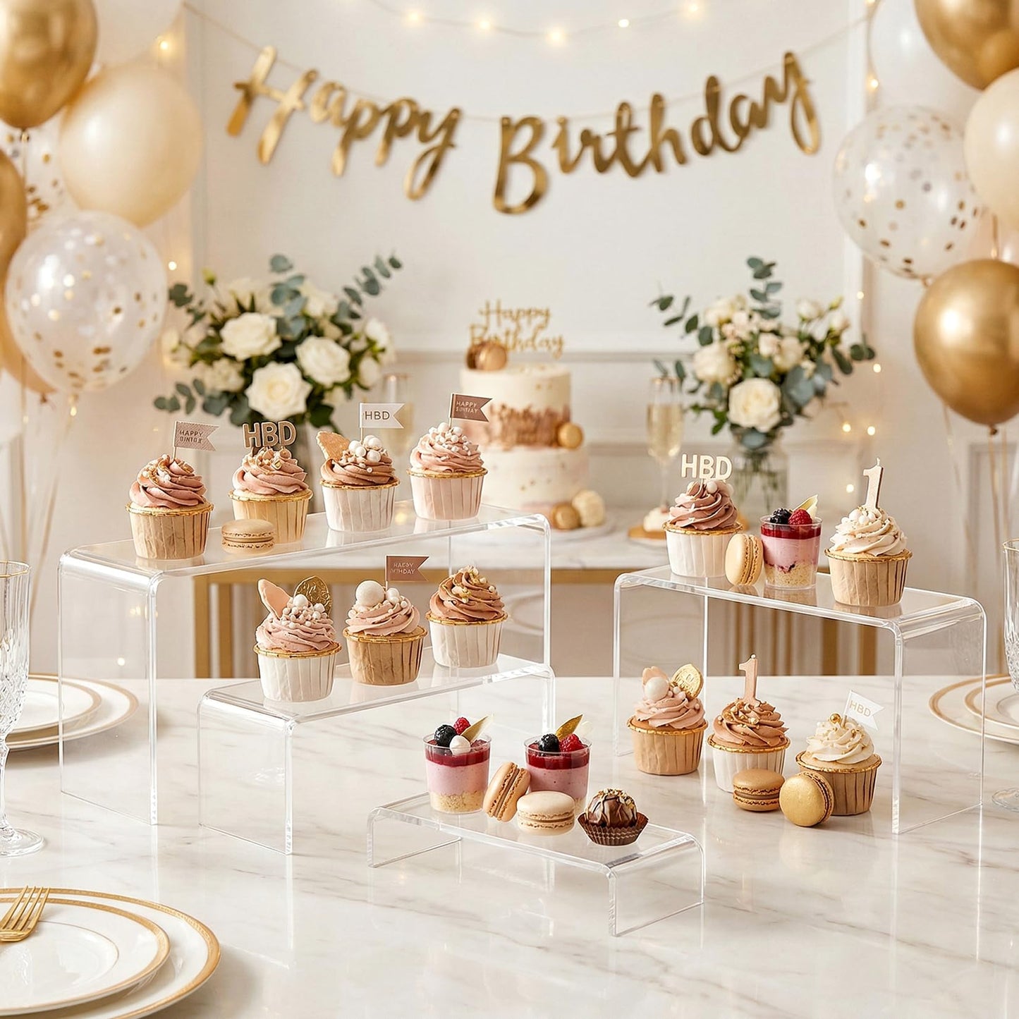 FUNFERY Acrylic Display Risers,2 Sets(7.8" L~8.2" L~8.6" L) Display Stand Shelf for Figure,Collectibles,Cupcake,Clear Acrylic Risers for Displays Case Cabinet,Dessert Table,Shelf Riser for Decor,Food