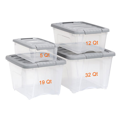 Amazon Basics Plastic Storage Containers with Secure Latching Lids, Stackable Organization Bins for Organizing, Clear/Grey, 5 Quart, Set of 10
