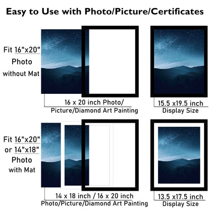 JCJMY 16x20 Picture Frame Black with 14x18 Mat for 40 x 50cm Diamond Art Painting, Display Photo 14x18 with Mat or 16 x 20 Without Mat, Wall Hanging Large Frame with Plexiglass, Black