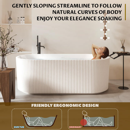 59" Modern V-Shape Freestanding Bathtub - Gloss White Acrylic Soaker with Pleated Design, Chrome Drain & Overflow,Cupc Certified,Gloss White
