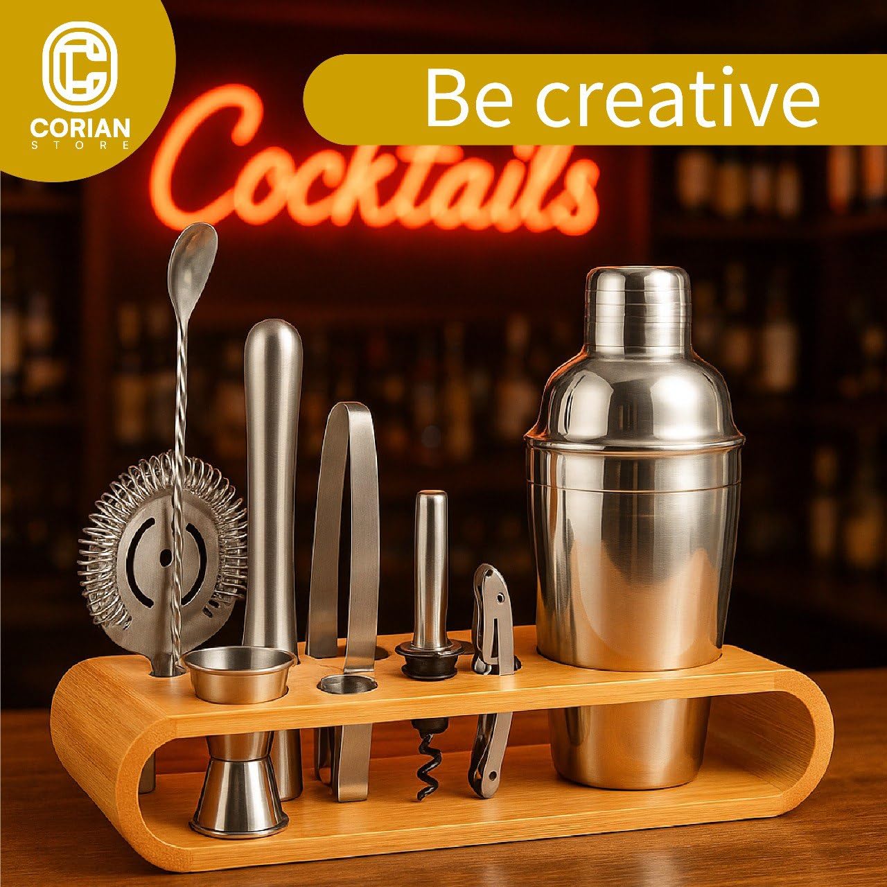 Cocktail Shaker Set Bartender Kit with Stand – Professional Bar Set for Home Bar – Martini Shaker, Jigger, Muddler & Strainer – Complete Drink Mixer & Bar Tools Set for Cocktails and Mixology 10 Pcs