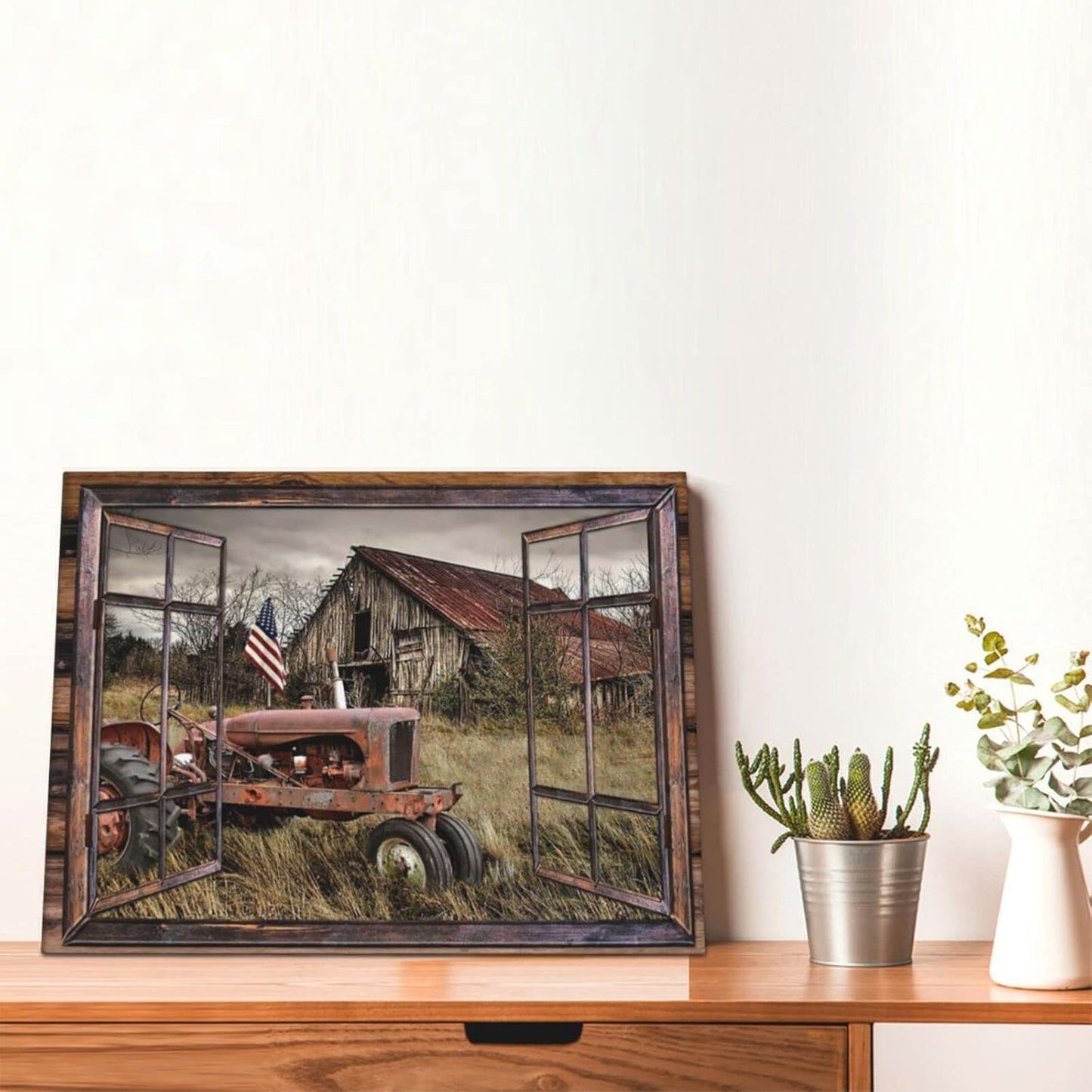 Fimtise Barn Pictures Wall Decor, Old Tractor Farmhouse Canvas Painting for Living Room Bedroom Decoration