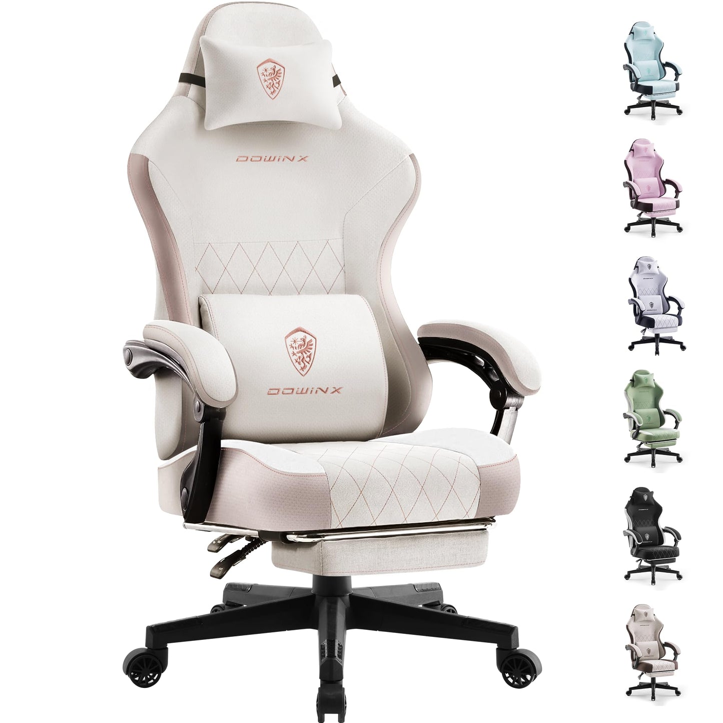Dowinx Gaming Chair Fabric with Pocket Spring Cushion, High Back Ergonomic Computer Chair with Footrest for Adults, Massage Lumbar Support Swivel Game Chair for Office Gaming 300LBS, Beige