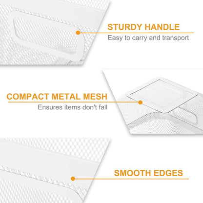 MorningRo 4 Pack Metal Mesh Basket with Hollow Handles White Wire Storage Bin for Organizing Stackable Metal Fine Mesh Basket for Pantry Bathroom Kitchen Cabinets Shelves (Medium)