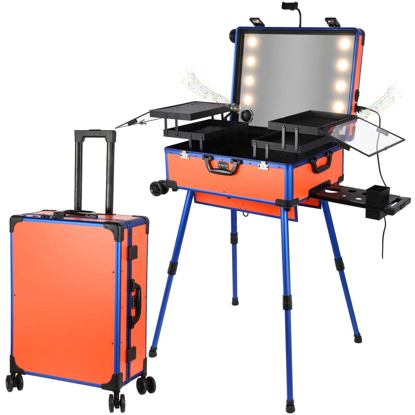 Aiborke Rolling Makeup Train Case with Lighted Mirror and Bluetooth Speaker Professional Cosmetic Organizer Case with Wheels, Stands Portable Makup Station Vanity for Travel (Orange, Medium)